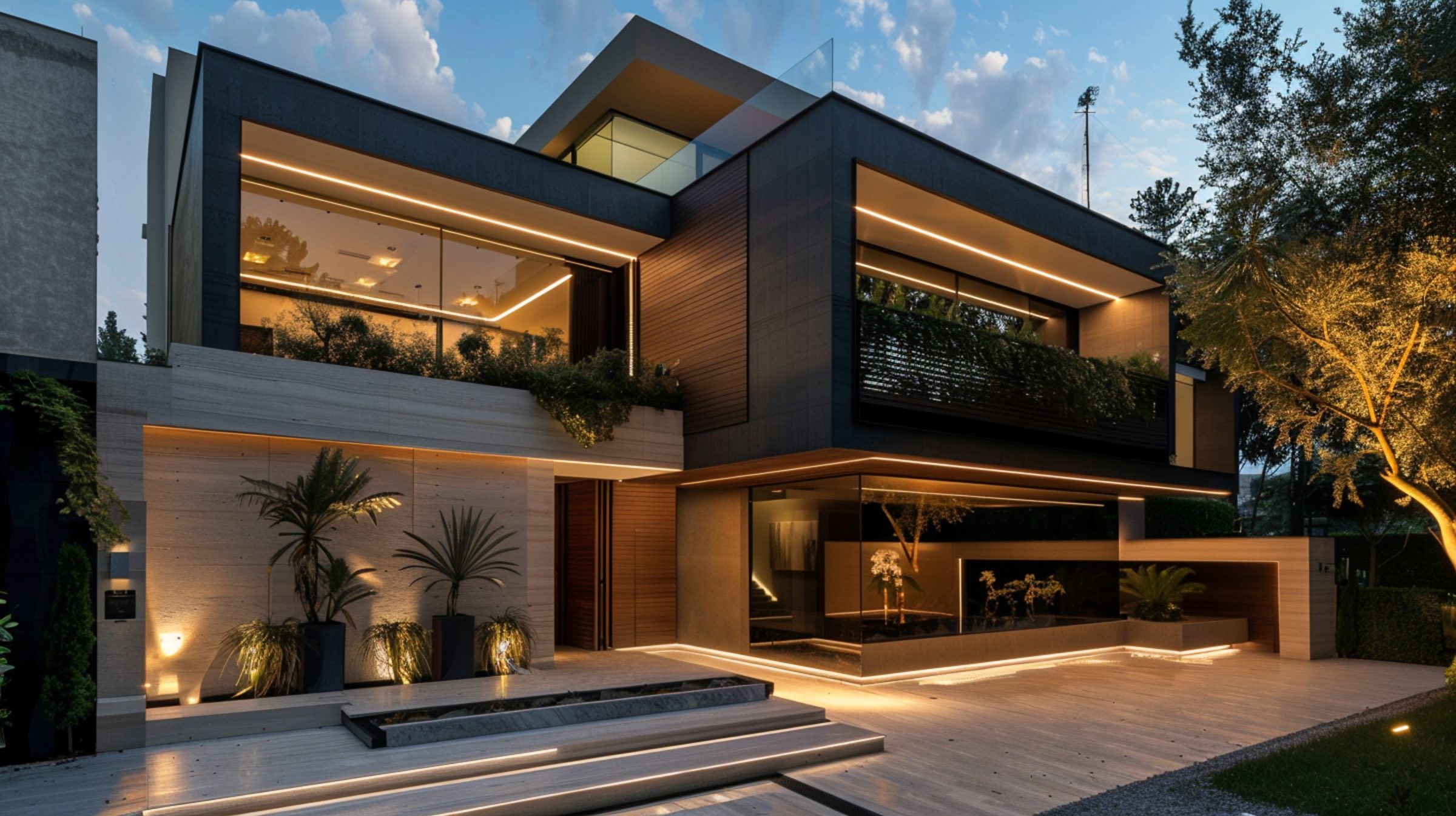 Residência contemporânea iluminada ao entardecer