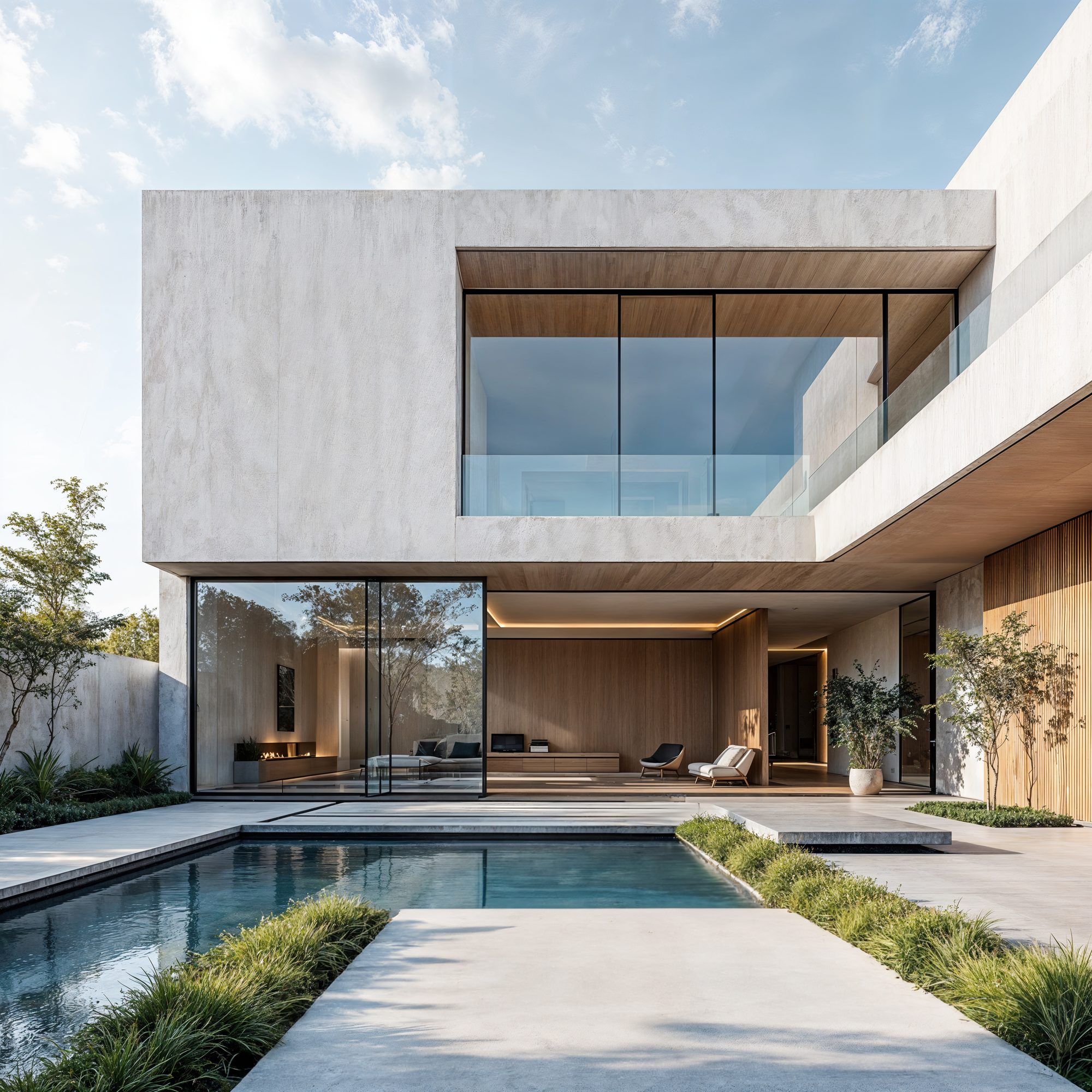 Casa pátio em concreto e vidro com piscina