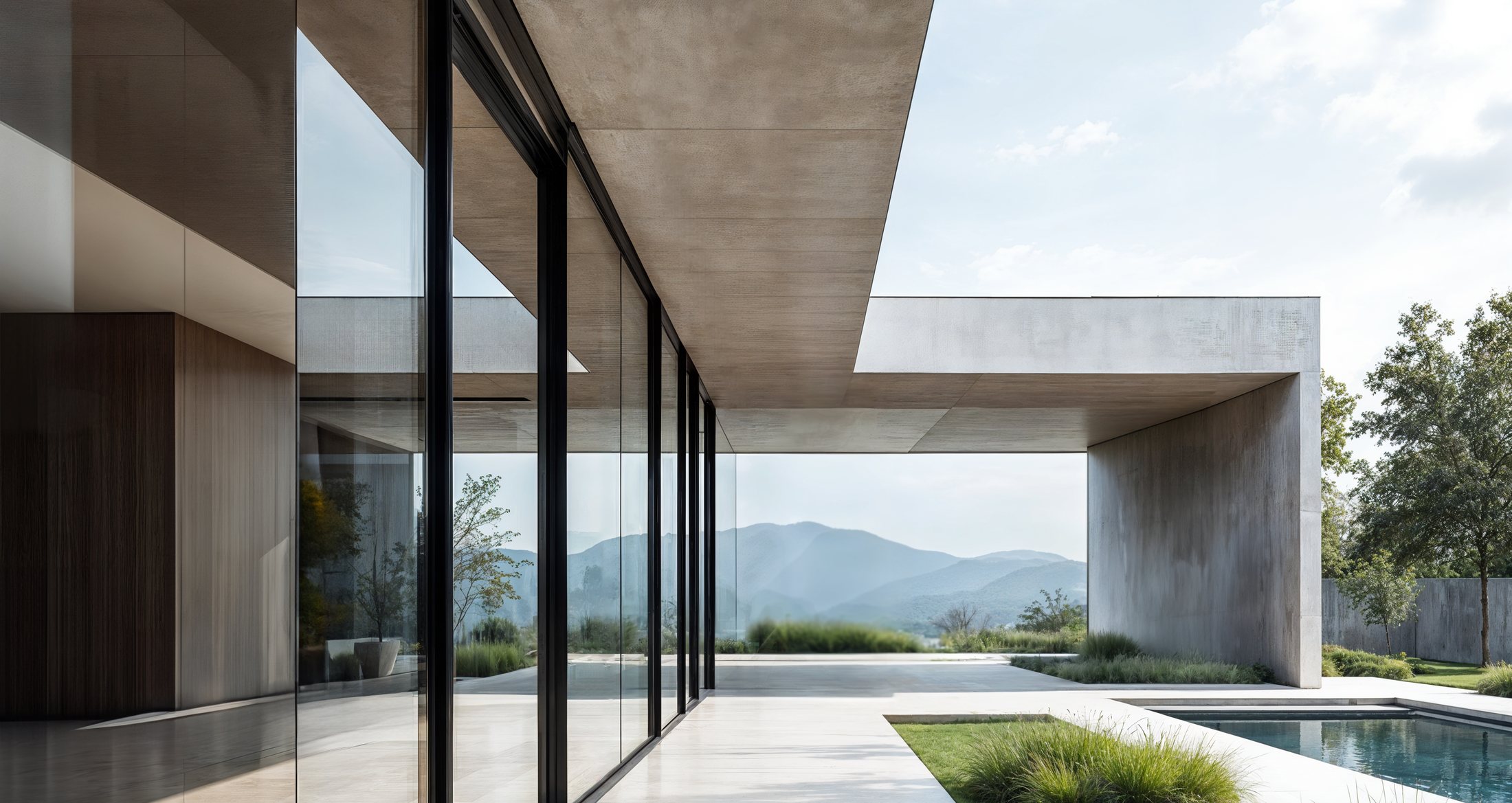 Residência minimalista em concreto com piscina e jardim