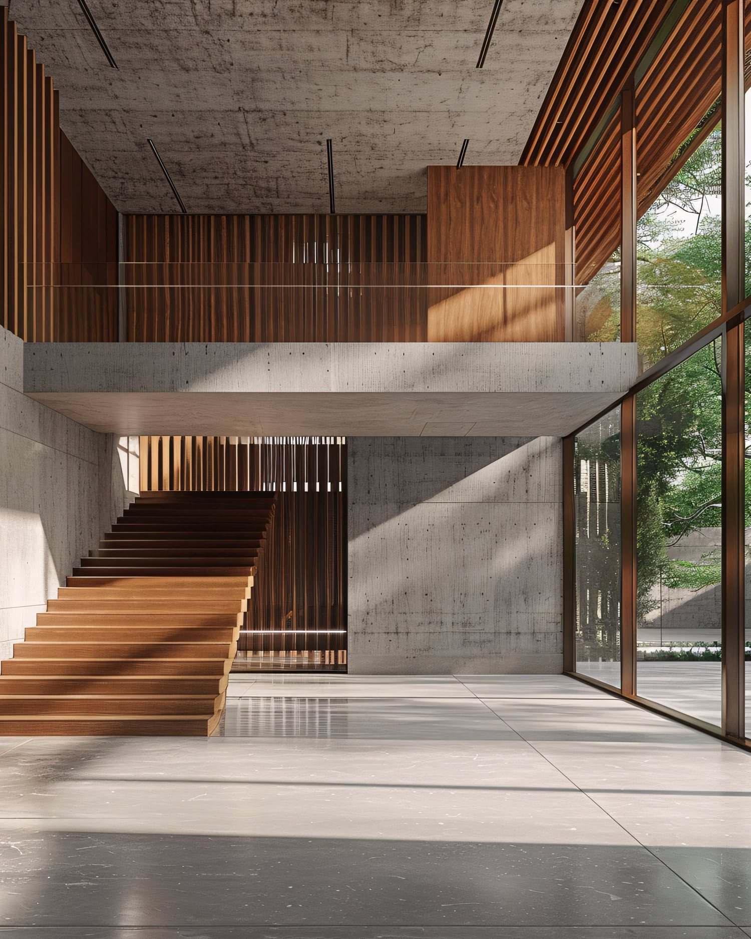 Sala em concreto e madeira com escada escultural e luz natural