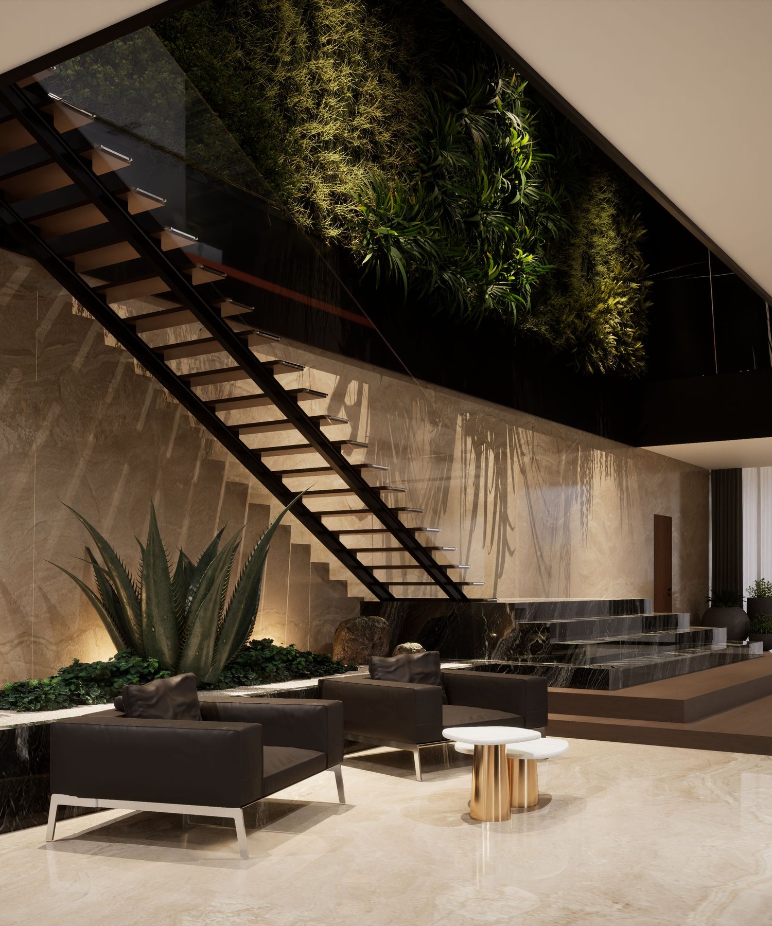 Átrio com escada suspensa, jardim vertical e espelho d'água