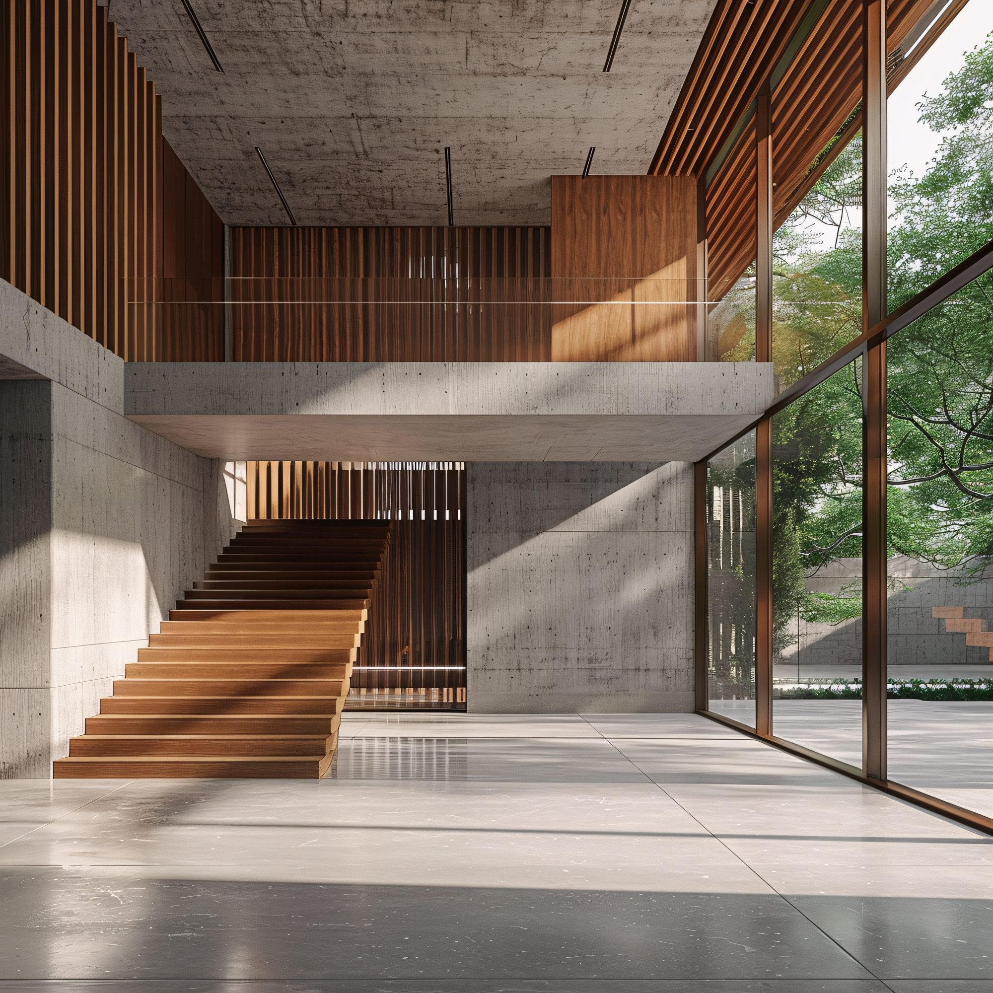 Escada escultural em concreto com iluminação