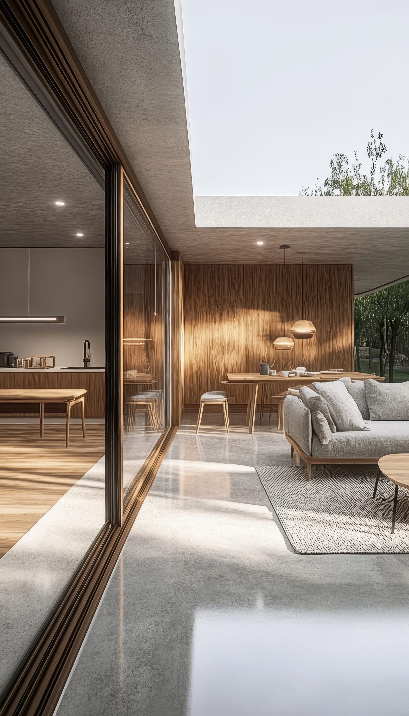 Living integrado com cozinha, vidro de correr e luz natural