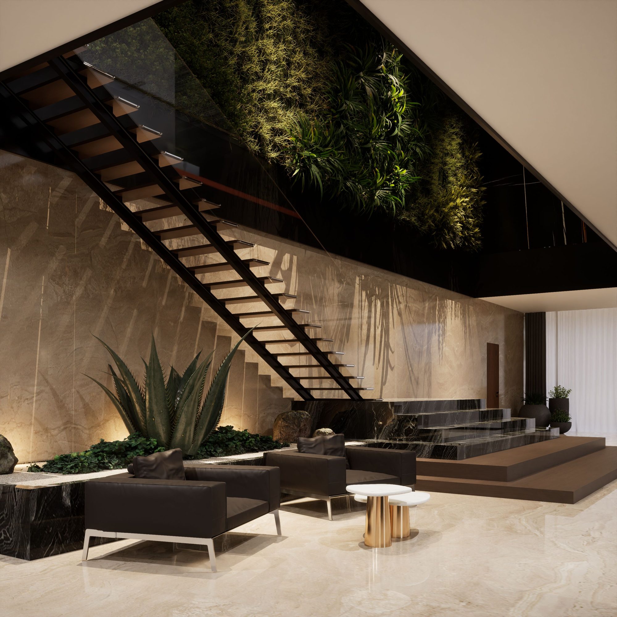 Lobby corporativo com jardim e luz natural