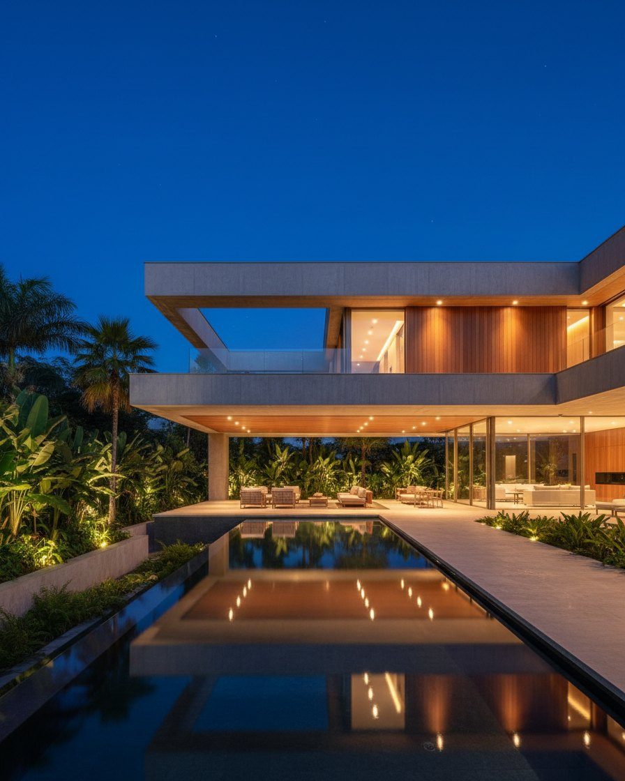 Casa em encosta iluminada ao entardecer
